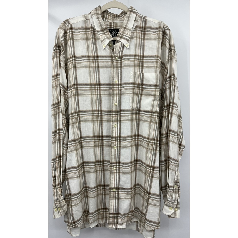 Jos A Banks Linen Shirt Men's XXL Plaid Long Sleeve Button Front